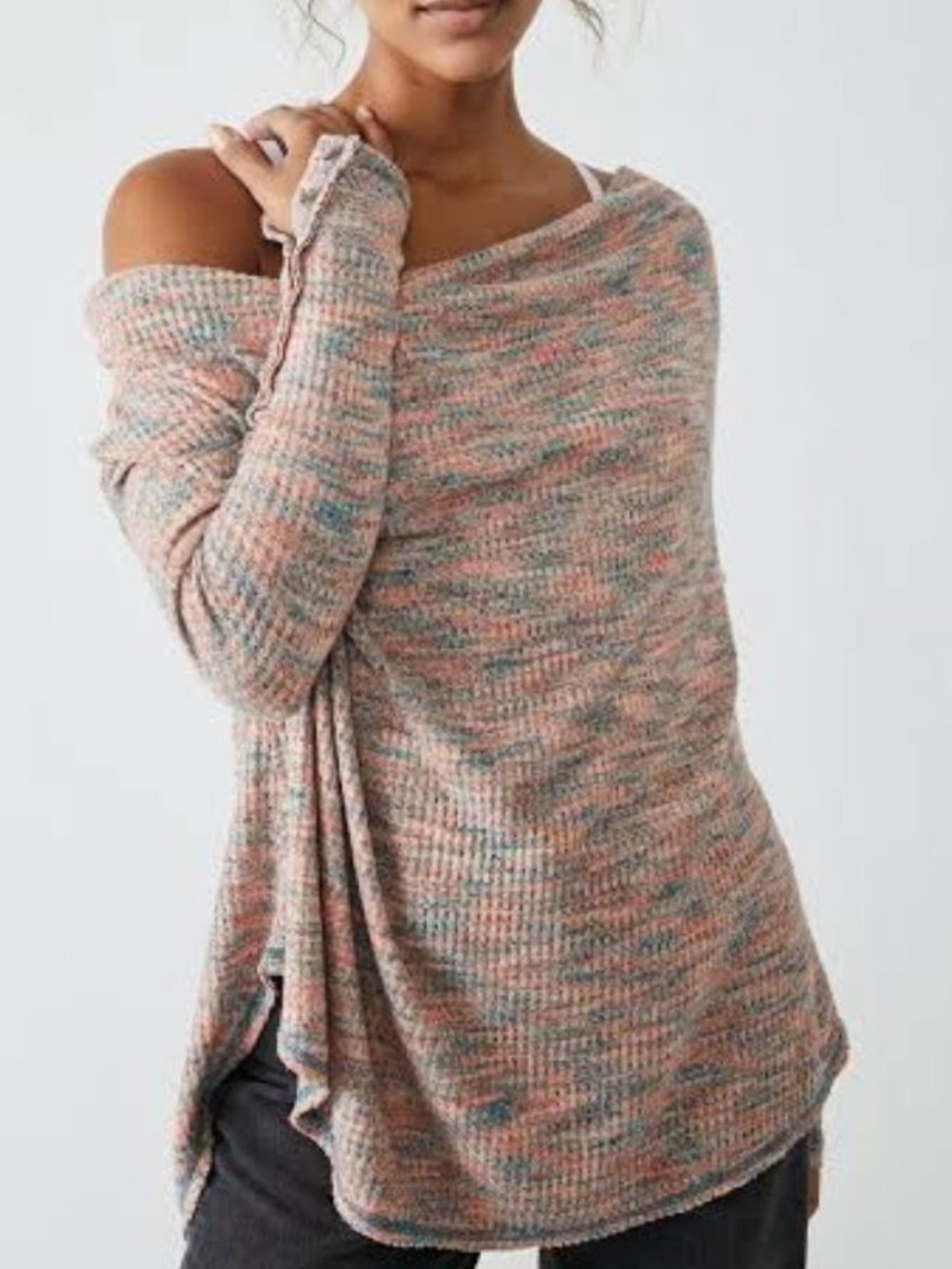 Free People Misty‎ Cowl Neck Off the Shoulder Long Sleeve Top Pink Blue Size XS